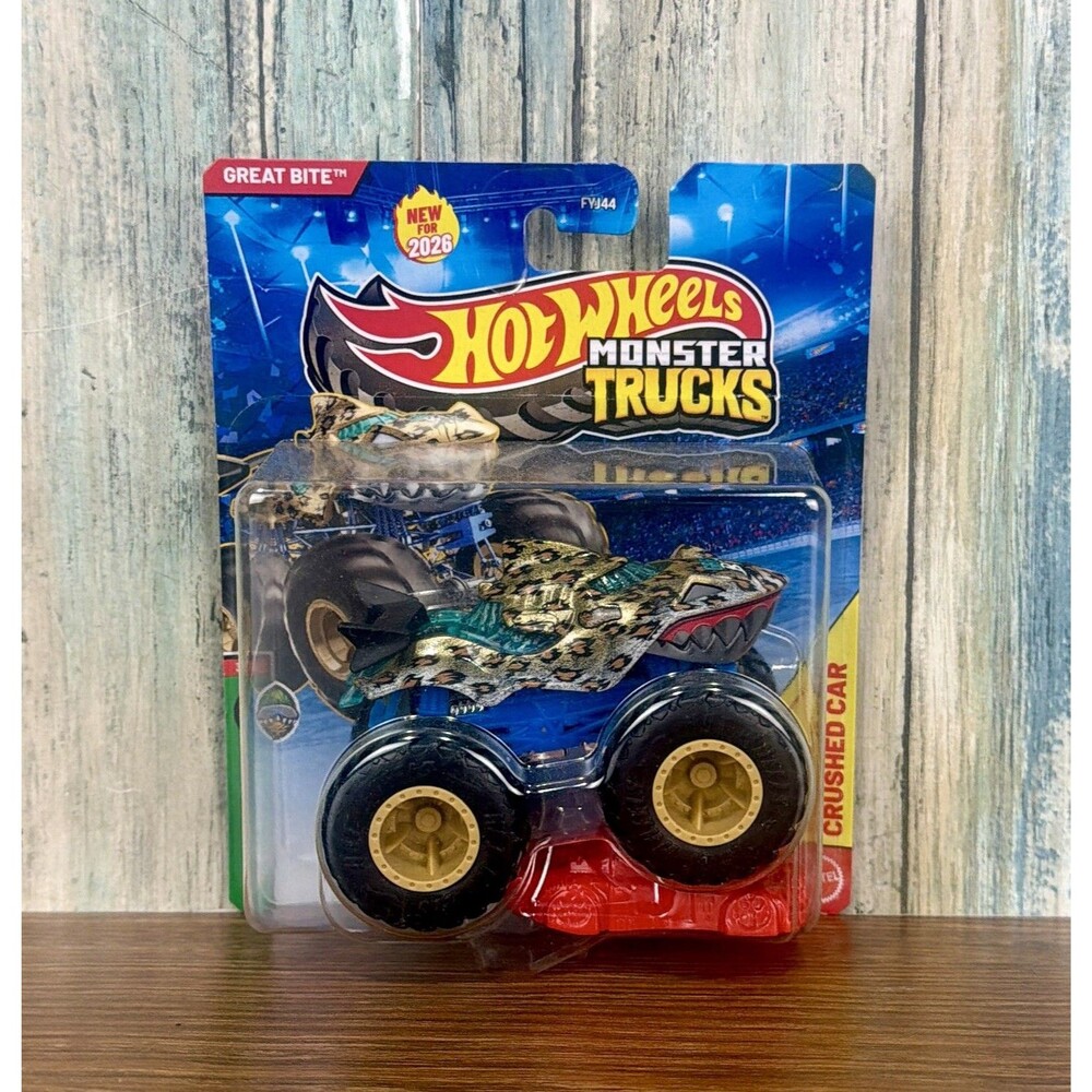 Hot Wheels Monster Trucks Great Bite Shark 2026 Includes Crushed Car NIB Sealed